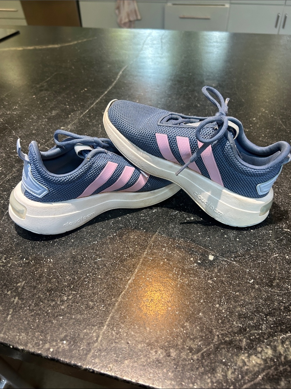 Kids Adidas Navy Athletic Sneakers with Pink Stripes